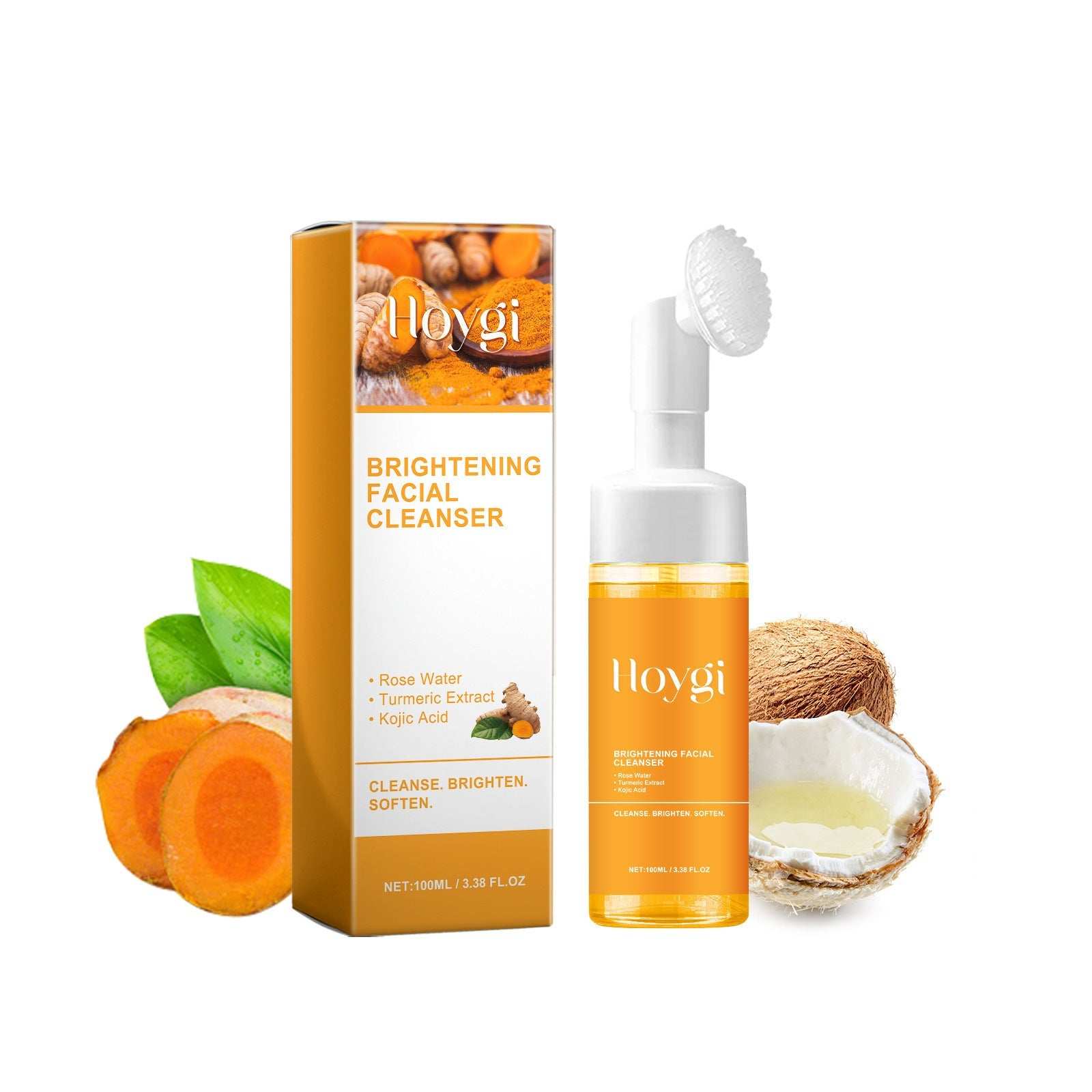 Turmeric facial cleanser bottle with turmeric extract and natural ingredients for acne mark fading and deep cleansing