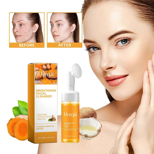 Turmeric facial cleanser bottle with turmeric extract and rose water ingredients for deep cleansing and acne mark fading