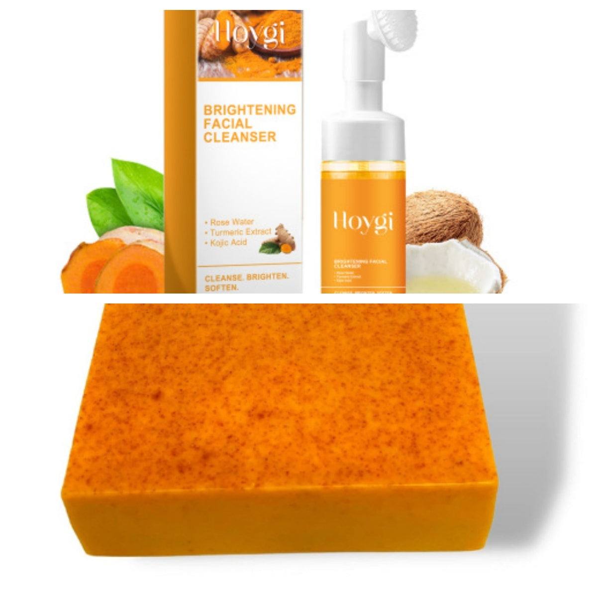 Turmeric facial cleanser bottle with natural ingredients for deep cleansing and acne mark fading